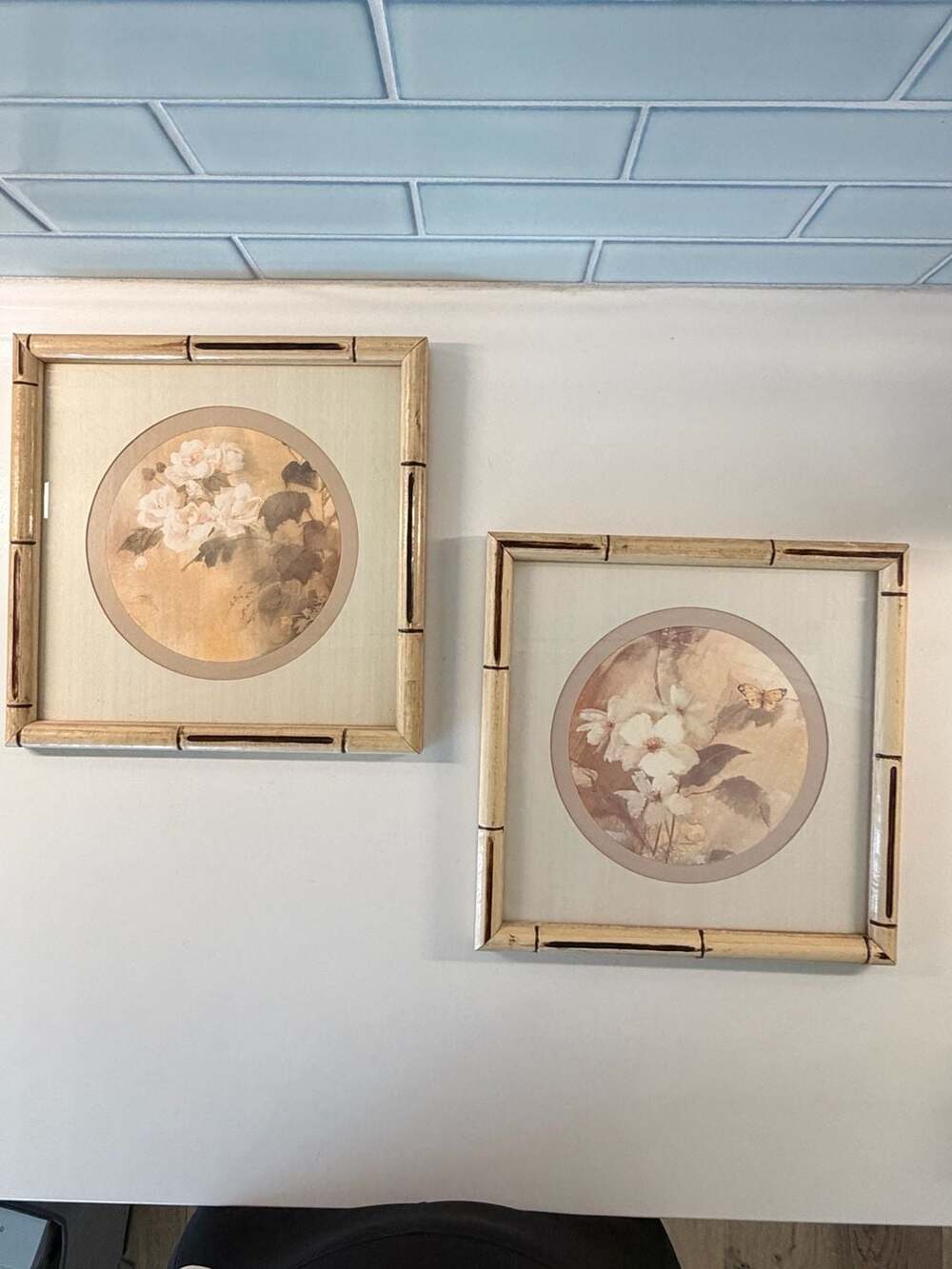 Vintage Pair of Asian Floral and Butterfly Prints with Bamboo-Look Frames